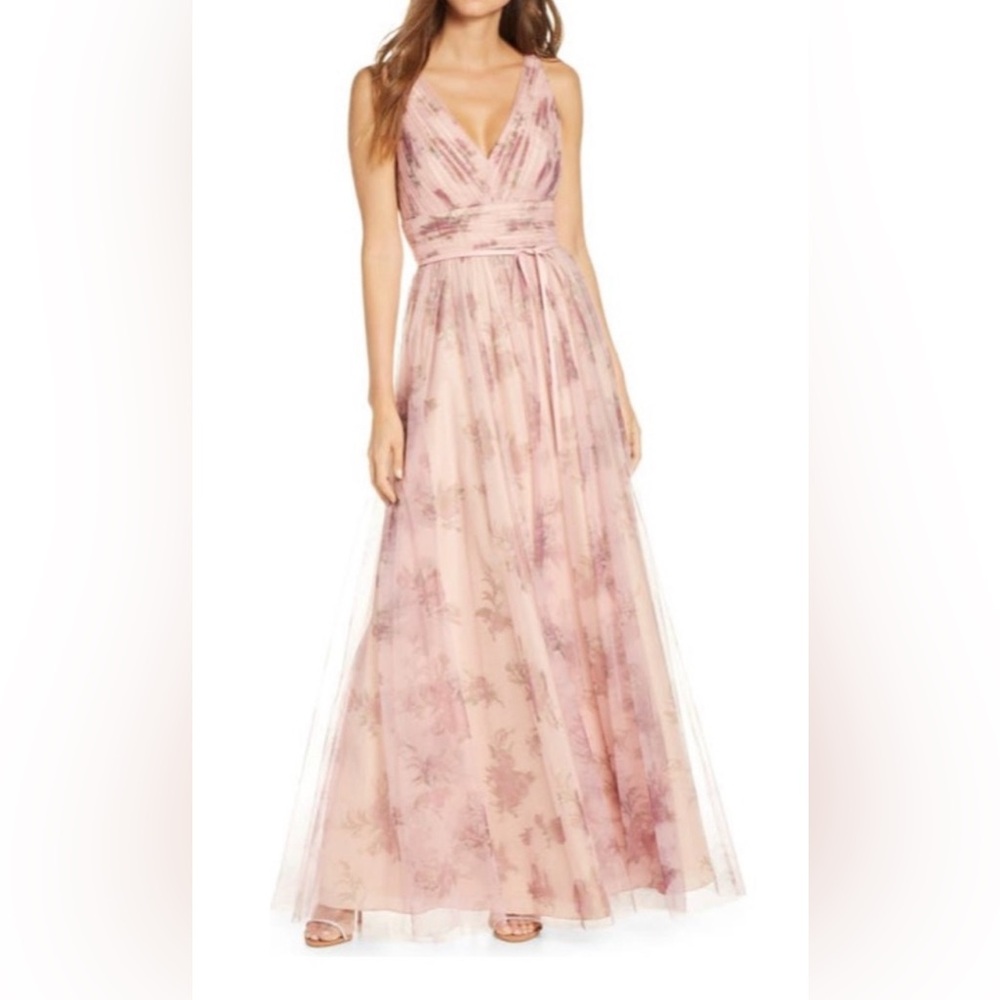 Marchesa Notte Como Floral Tulle Gown SZ 8 A Line V Neck Sleeveless Tie Waist